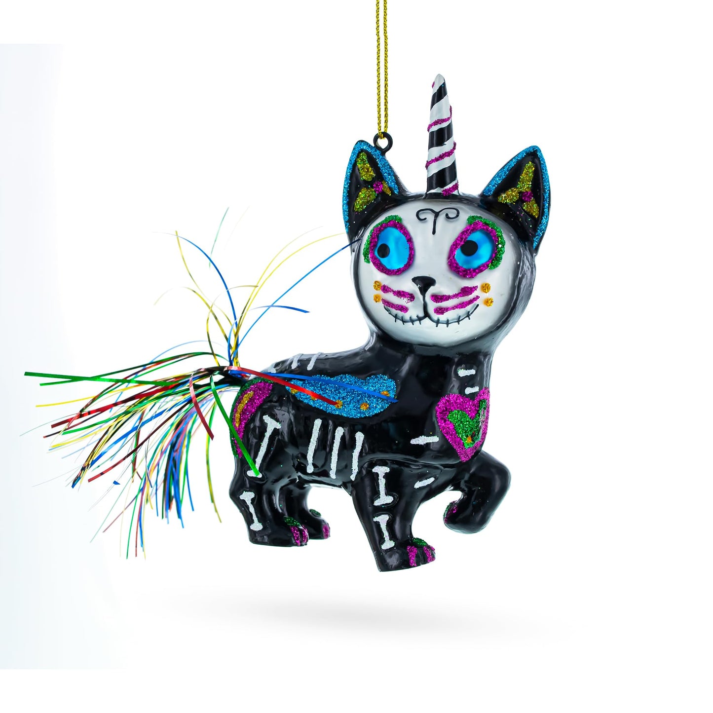 Spooky Halloween Cat Skeleton Glass Christmas Ornament