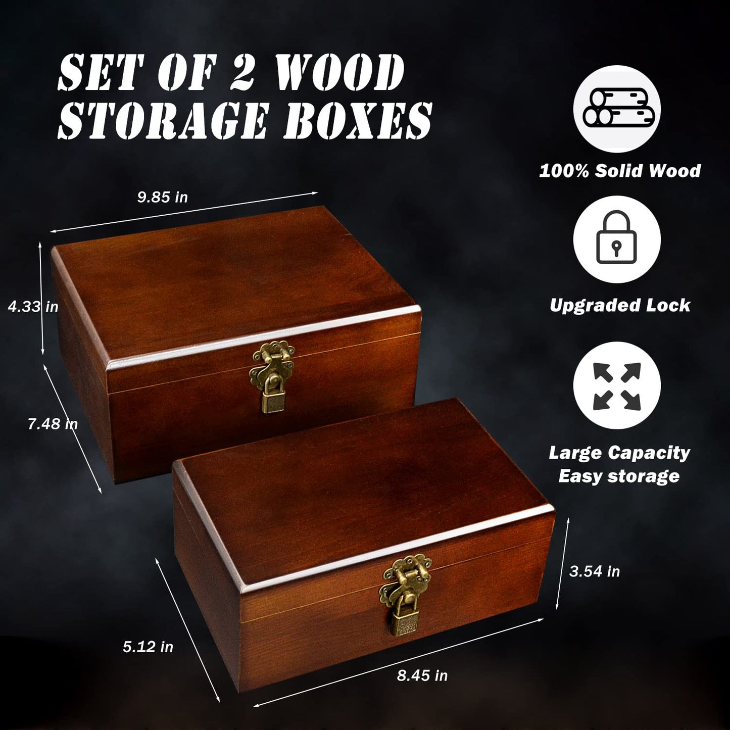 Set of 2 Wooden Storage Boxes Container with Hinged Lid, Large Wood Craft Keepsake Decorative Box with Lock and Key, Small Chest Memory Gift Box for Jewelry Christmas Wedding Travel Trinket Treasure
