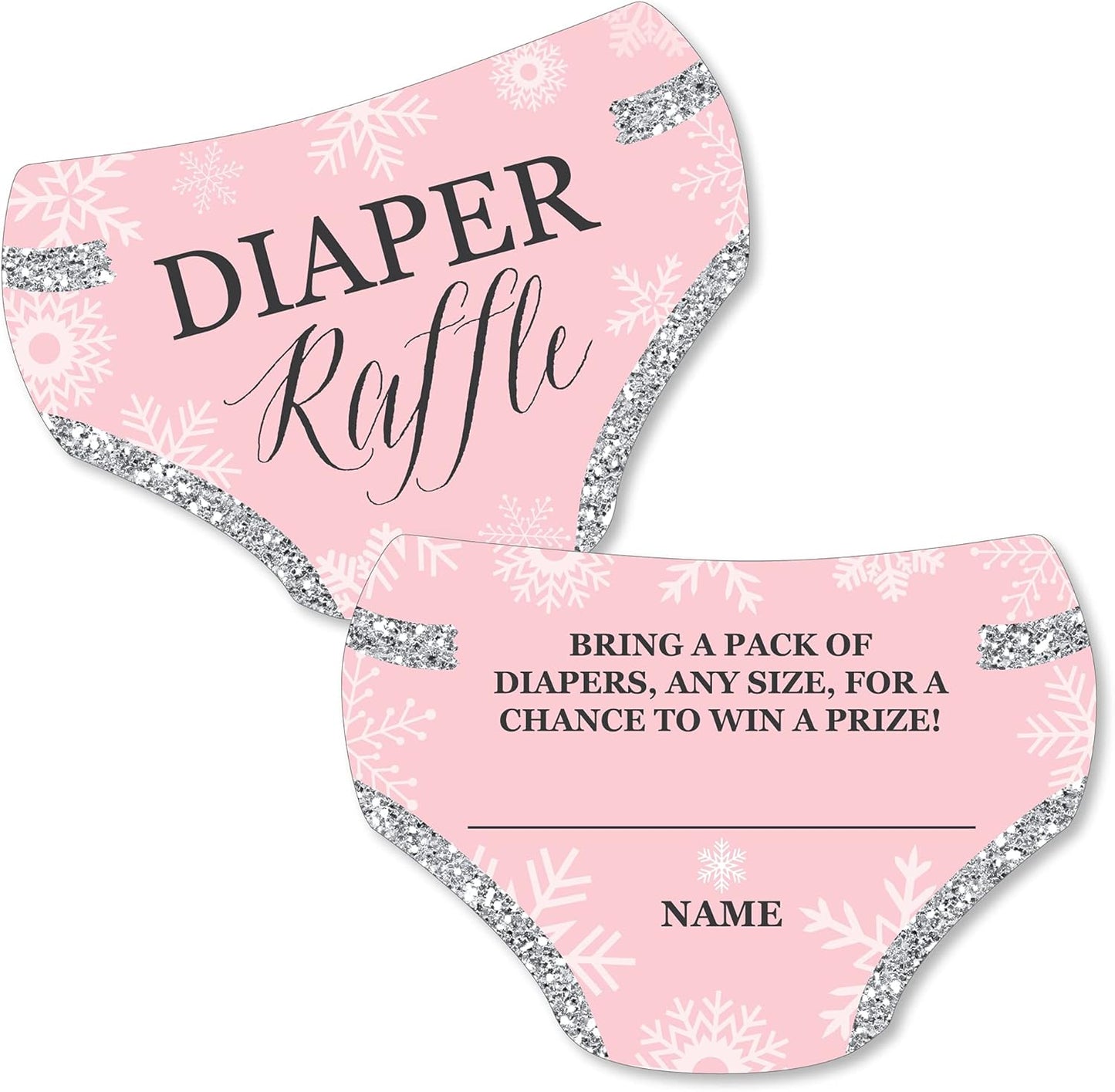 Set 24 Big Dot of Happiness Pink Winter Wonderland - Diaper Shaped Raffle Ticket Inserts - Holiday Snowflake Baby