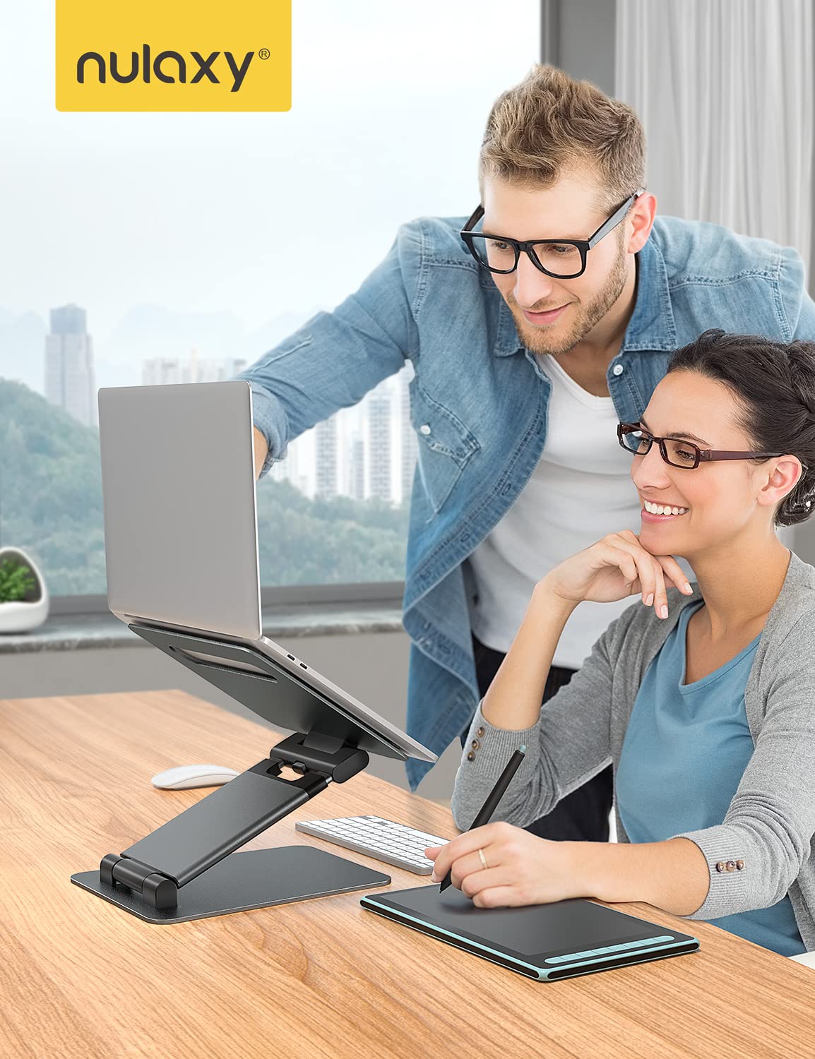 Nulaxy Height Adjustable Laptop Stand for Desk, Dual Foldable Aluminum Computer Riser, Pull Out Design Ergonomic Sit to Notebook Holder Convertor, Compatible with All 10-17" Laptops, Tablets, Gray