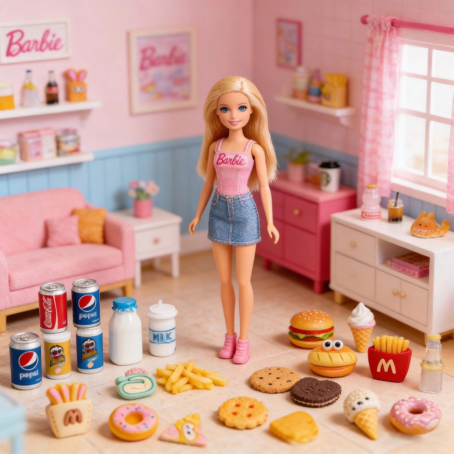 100pcs Miniature Food Drink Mini Brand Bottles Soda Pop Cans Cake Ice Cream Pretend Play Kitchen Game Party Accessories Toys for 1/12 Doll House Resin Food Figures Dollhouse Kitchen Decorations