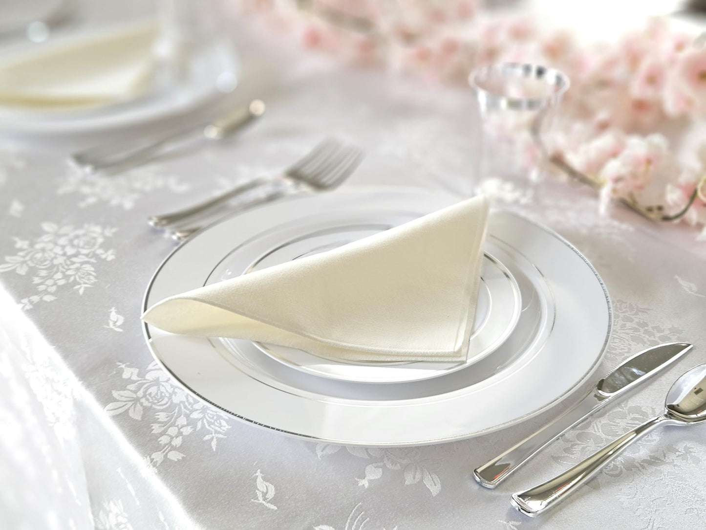 OCCASIONS 40 Piece Disposable Plastic Charger Plates 12 Inch Heavyweight Chargers for Dinner Plates, Wedding, Party, Bulk Table Setting – Premium White & Silver Rim Collection