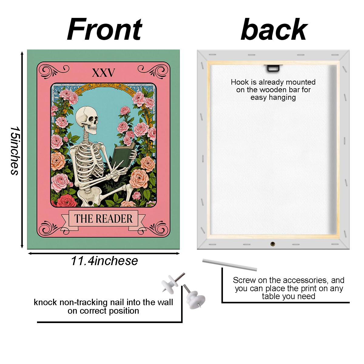 The Reader Tarot Card Wall Art, Funny Skeleton Wallpaper Artwork, Floral Framed Canvas Prints Whimsical Decor, Gothic Theme Prints for Living Room Entryway Bedroom Book Shelf 15x11.4 inch