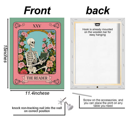 The Reader Tarot Card Wall Art, Funny Skeleton Wallpaper Artwork, Floral Framed Canvas Prints Whimsical Decor, Gothic Theme Prints for Living Room Entryway Bedroom Book Shelf 15x11.4 inch