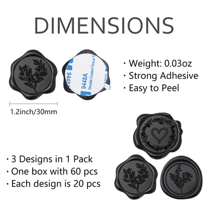 Uwilowe 60 Pcs Black Wax Seal Stickers Self-Adhesive Envelope Seals Stamp Stickers, Perfect for Wedding Invitations Seating Chart Christmas Gift Wrapping 3 Designs in 1 Pack