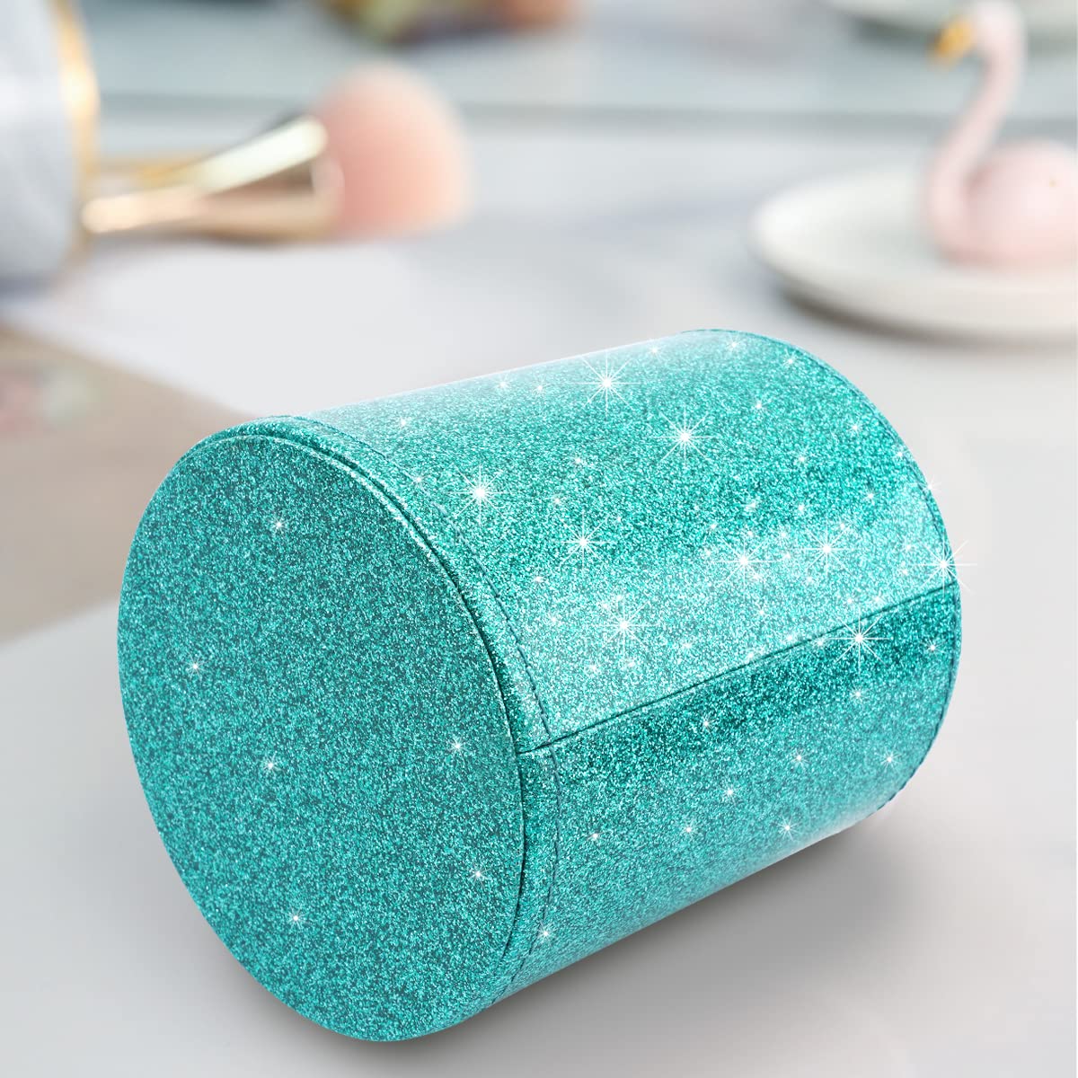 WAVEYU Glitter Pen Holder Pencil Organizer, Cute Pencil Cup Desk Decor, Decorative Makeup Brush Holder Large, Leather Multi-Functional Organizer Cup for Office, Home, Classroom, Blue+Green