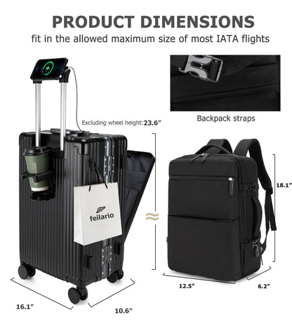 feilario 2 Piece Set Aluminium Frame PC Hard Shell Spinner Wheels Luggage,22.5"X15"X9.5" Airline Approved Built-In TSA lock Carry on Suitcase, with Cup Holder, USB Port, Phone Holder