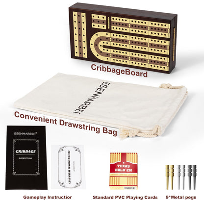 ESENHARBER Foldable Wooden Cribbage Board Set - Elegant 3-Track Design with Magnetic Closure, 9 Metal Pegs, Full Deck of Cards, Perfect for Family Game Nights and Travel