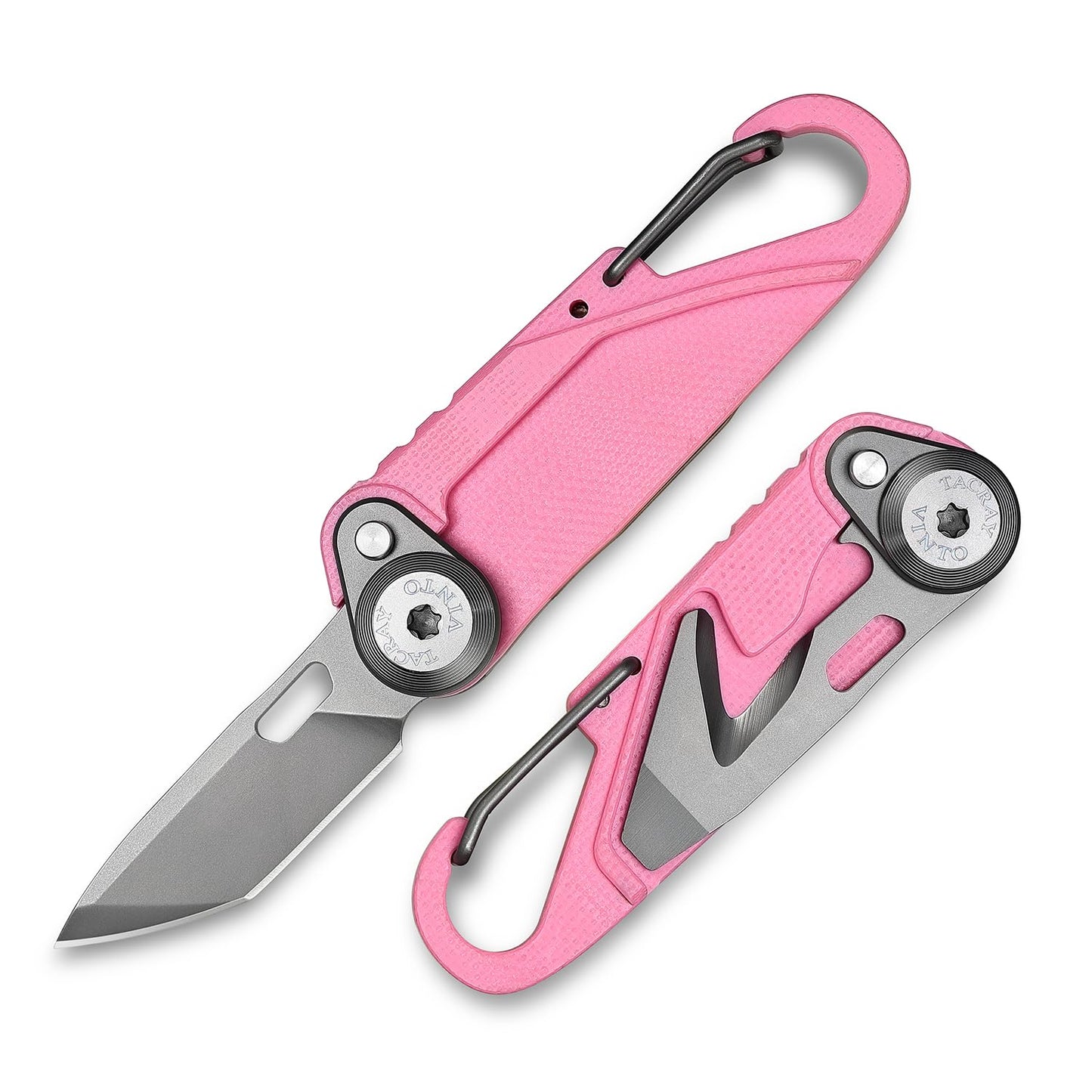 TACRAY Vinto 5-in-1 Small Pocket Knife – Ultra-Light Compact Multitool with Utility Knife, Seatbelt Cutter, Bottle Opener, Flathead Screwdriver & Keyring Attachment for Everyday Carry (Pink)