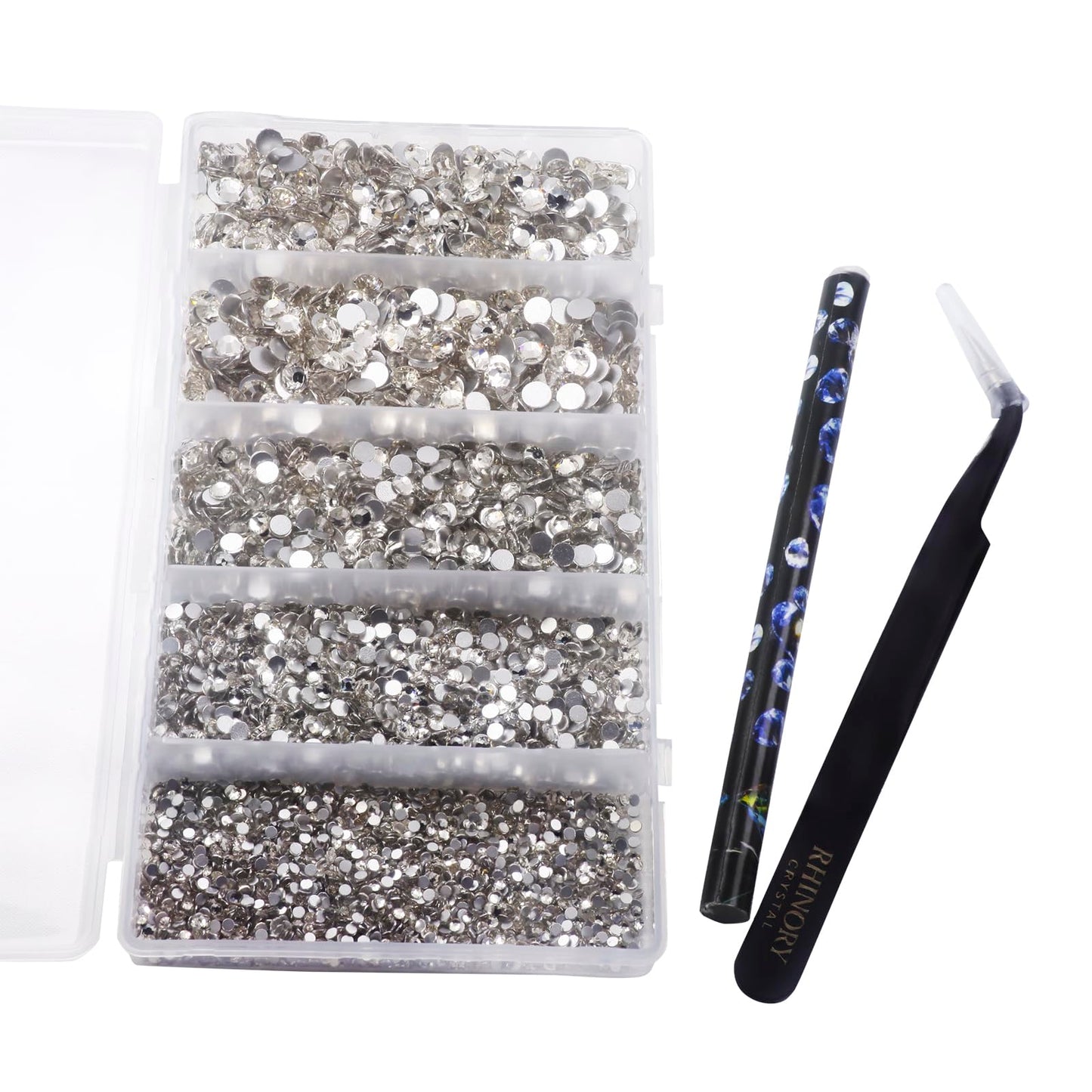 Rhinory Crystal Flatback Rhinestones Bedazzling Kit - Crystal Clear Gems SS6 SS10 SS16 SS20 Sizes (Over 6,000 Pieces) with Tweezers, Wax Picker Pen for Tumblers, Phone Cases, Shoes, Crafts