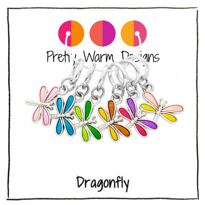 Pretty Warm Designs Dragonfly Stitch Markers - Snag-Free Metal Enamel Ring Notions for Knitting - Set of 6 Handmade Accessories in Hinged Keepsake Box
