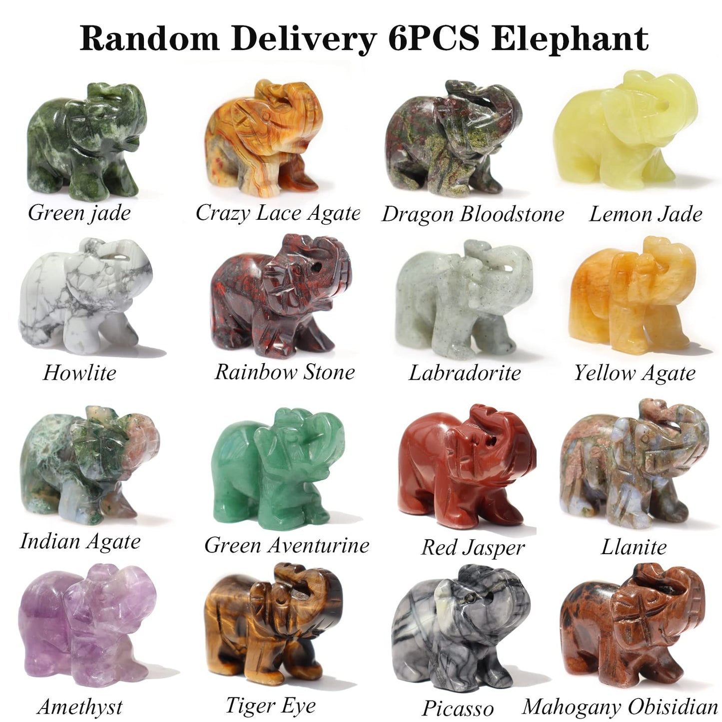 Wemeki Gemstone Elephant Figurines Mix 6PCS, Hand Carved Elephant Statue Healing Crystal Guardian Stones Figurines Statues Reiki Animal Stone for Home Decorations 1.5''