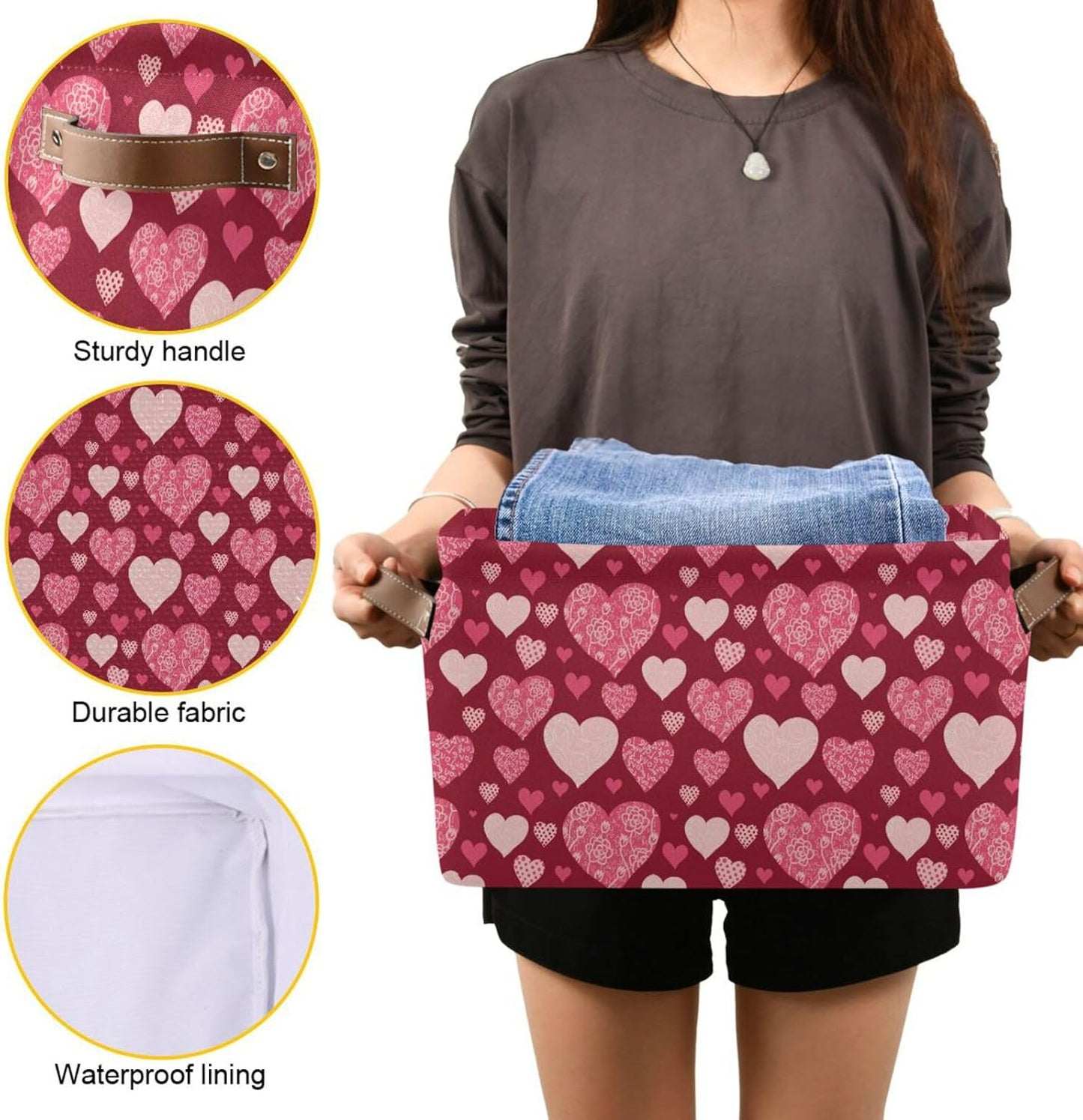 Happy Valentine's Day Storage Basket, Fabric Kitchen Bins in Pink Purple Love Heart, Foldable Organizer Bag, 16×12×8
