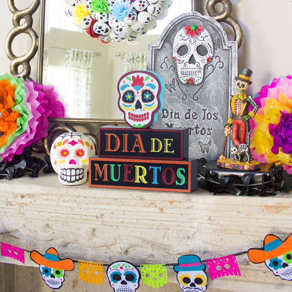 DECSPAS Day of the Dead Decorations, Wood Block Sugar Skull Dia De Los Muertos Decorations with DIA DE MUERTOS Sign, 3-Layered Wooden Skeleton Decor for Altar, Ofrenda, Home, Table, Mexican Fiesta