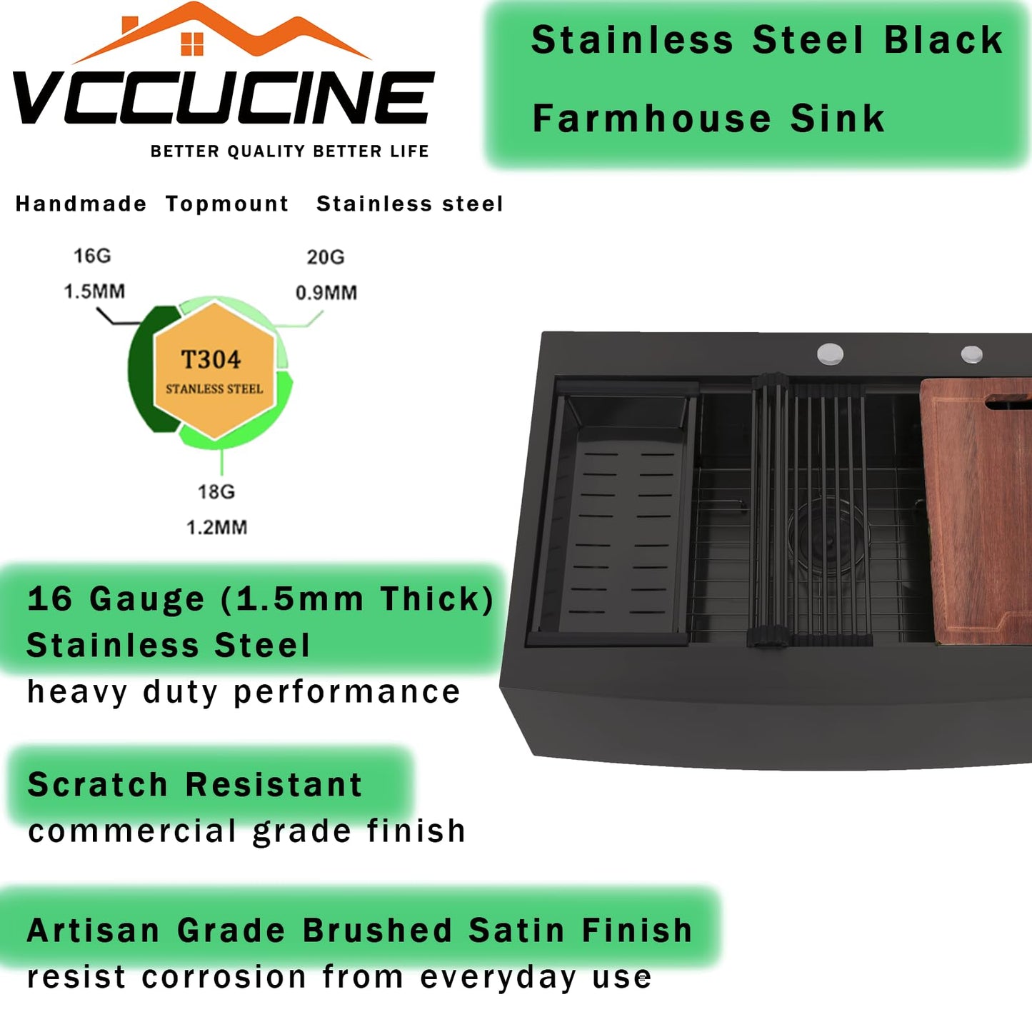 VC CUCINE 33x22 Inch Drop In Gunmetal Black Farmhouse Sink, 16 Gauge Stainless Steel Single Bowl Apron Front Workstation Farm Sink With Accessories