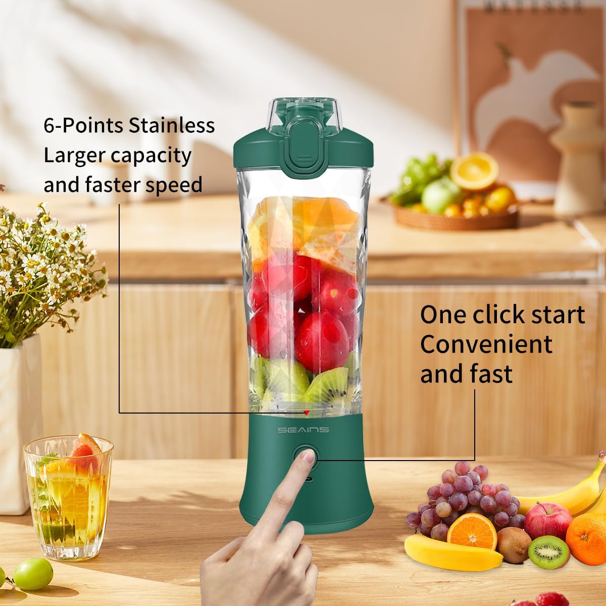 Portable Blender for Shakes and Smoothies - 20 Oz Travel Cup and Lid, Mini Personal Size Blender with 6 Blades