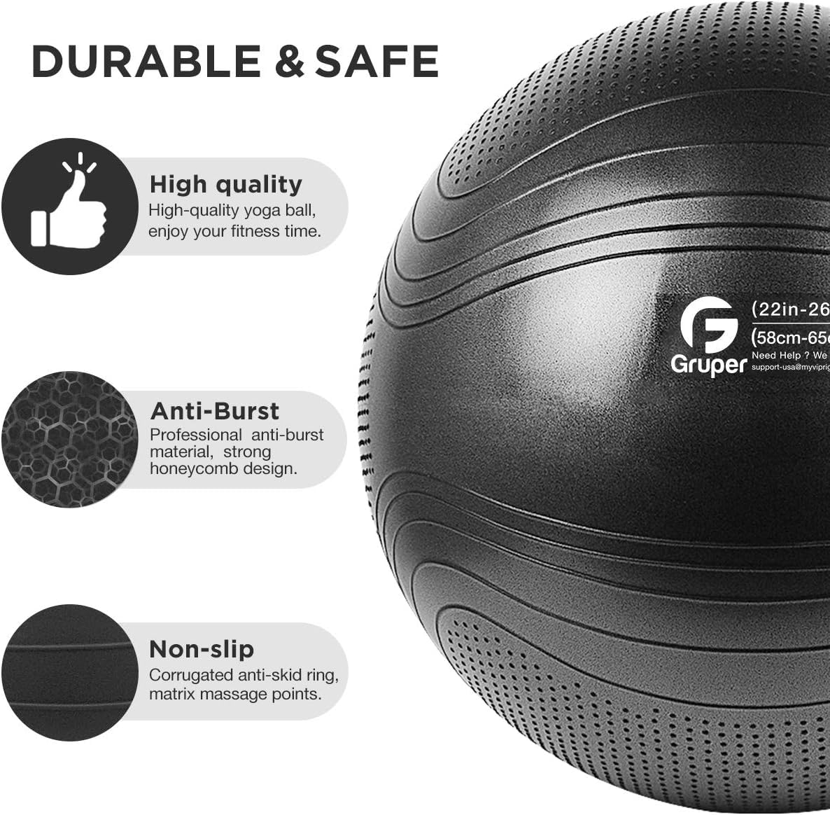Gruper Yoga Ball, Multiple Sizes Non Slip Exercise Ball for Workout, Birthing, Balance, Stability, Pregnancy, 2200LB Capacity, Anti Burst Chair for Home and Office, Includes Quick Pump & Fitness Guide