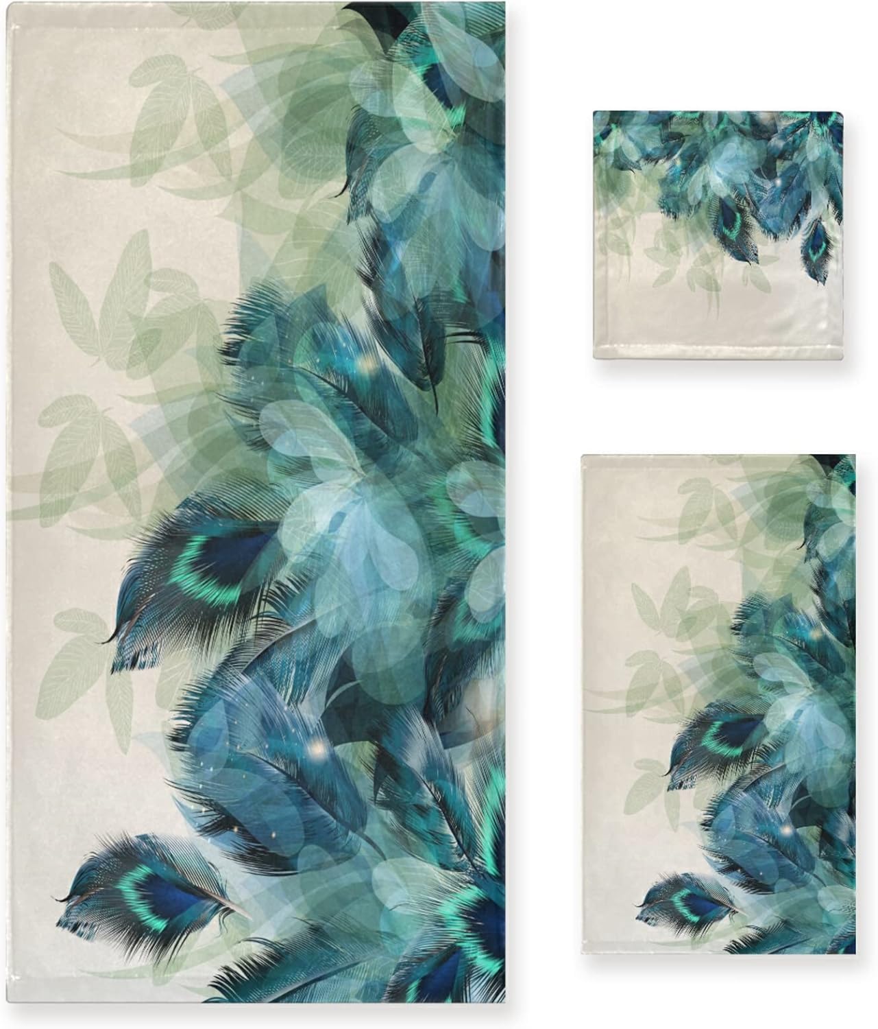 HATESAH Set,Soft 3 Towels,1 Towel,1 Towel,1 Bath Towels Absorbent Watercolor Peacock Feather Teal Turquoise Floral