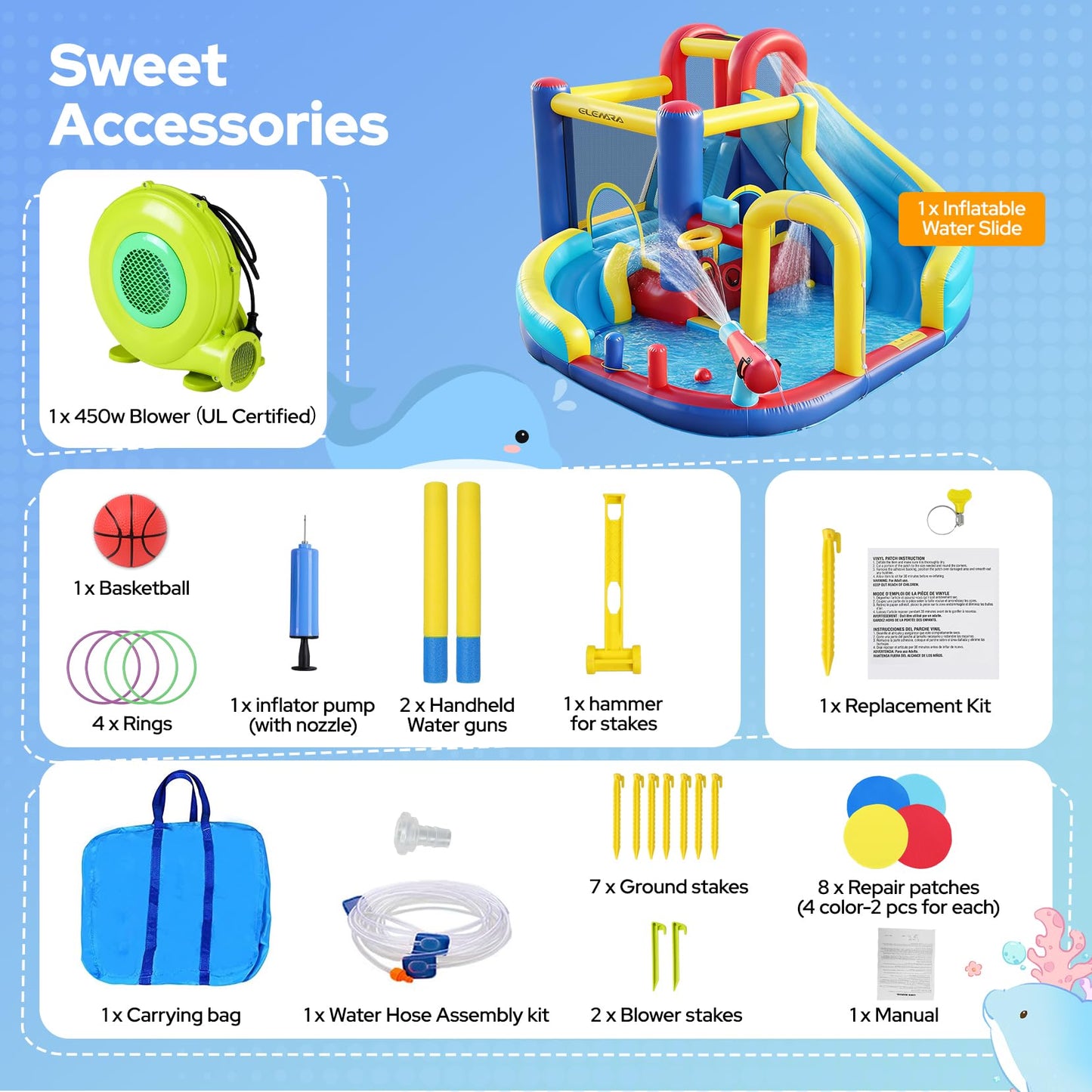 ELEMARA 10 in 1 Inflatable Water Slide Bounce House, Inflatable Bounce House with Blower, Dual Slides & Climbing Walls & Ring-toss Game & 2 Water Guns, Splash Pool, Blow up Water Slide with Blower