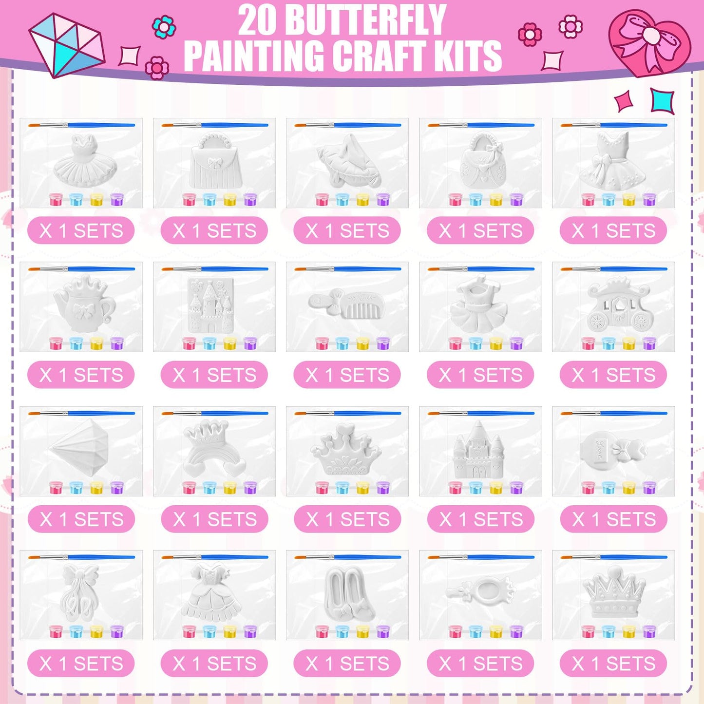 JellyArch 20 Set Princess DIY Painting Kit Ceramic to Paint Your Own Princess Rainbow Castle Statues Unpainted Plaster Figurines Brushes Acrylic Paints Bags Party Favor for Adults