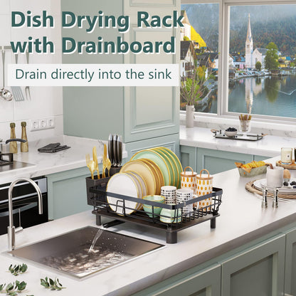 AIDERLY Iron Dish Drying Rack with Drainboard Dish Drainers for Kitchen Counter Extendable Spout Strainers with Utensil Holder and Knife Slots, Black