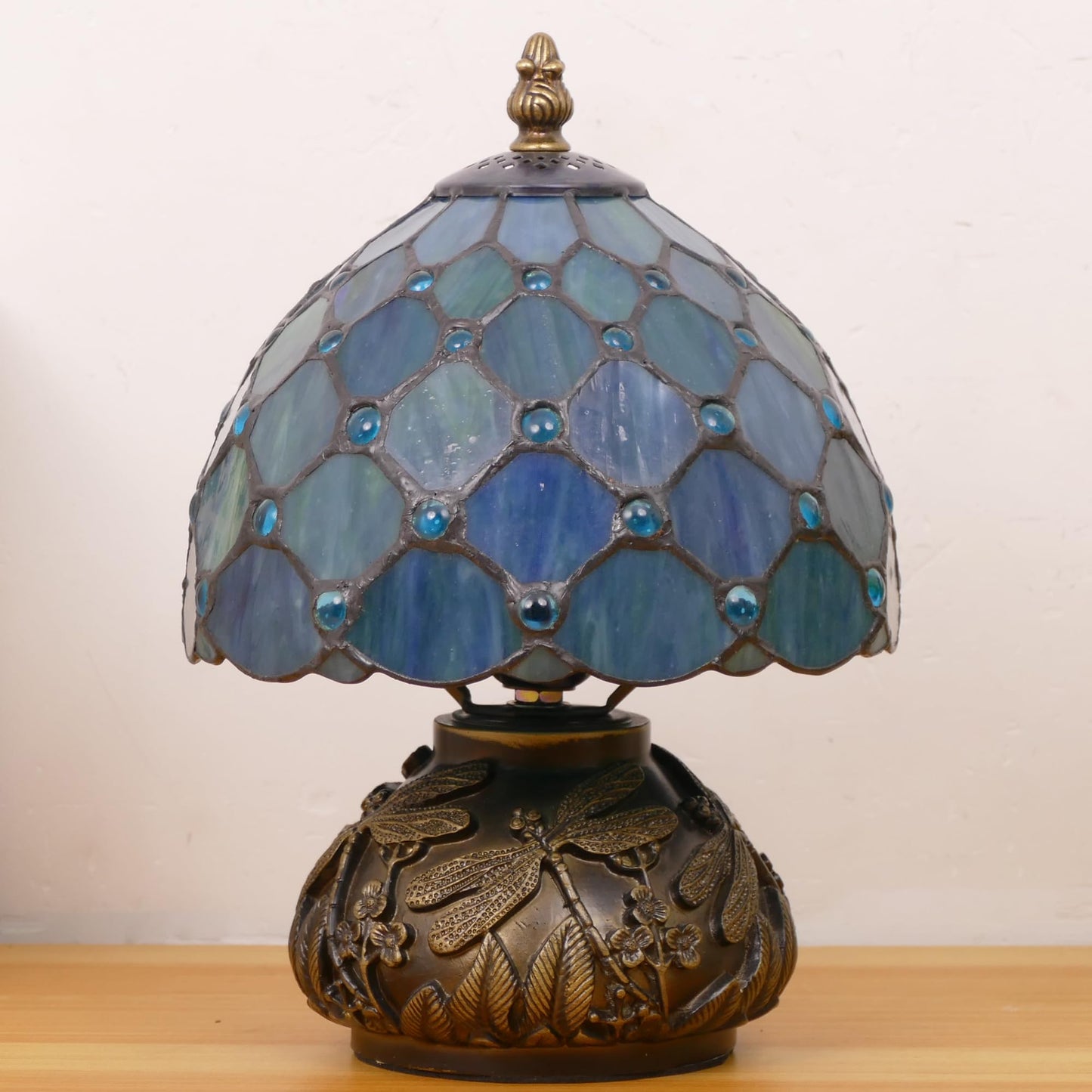 WFAYNTIFL Small Tiffany Lamp Mini Stained Glass Table Lamp Sea Blue Pearl Style Mushroom Memory Sympathy Lamp 8X11 Inch