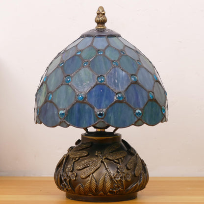 WFAYNTIFL Small Tiffany Lamp Mini Stained Glass Table Lamp Sea Blue Pearl Style Mushroom Memory Sympathy Lamp 8X11 Inch