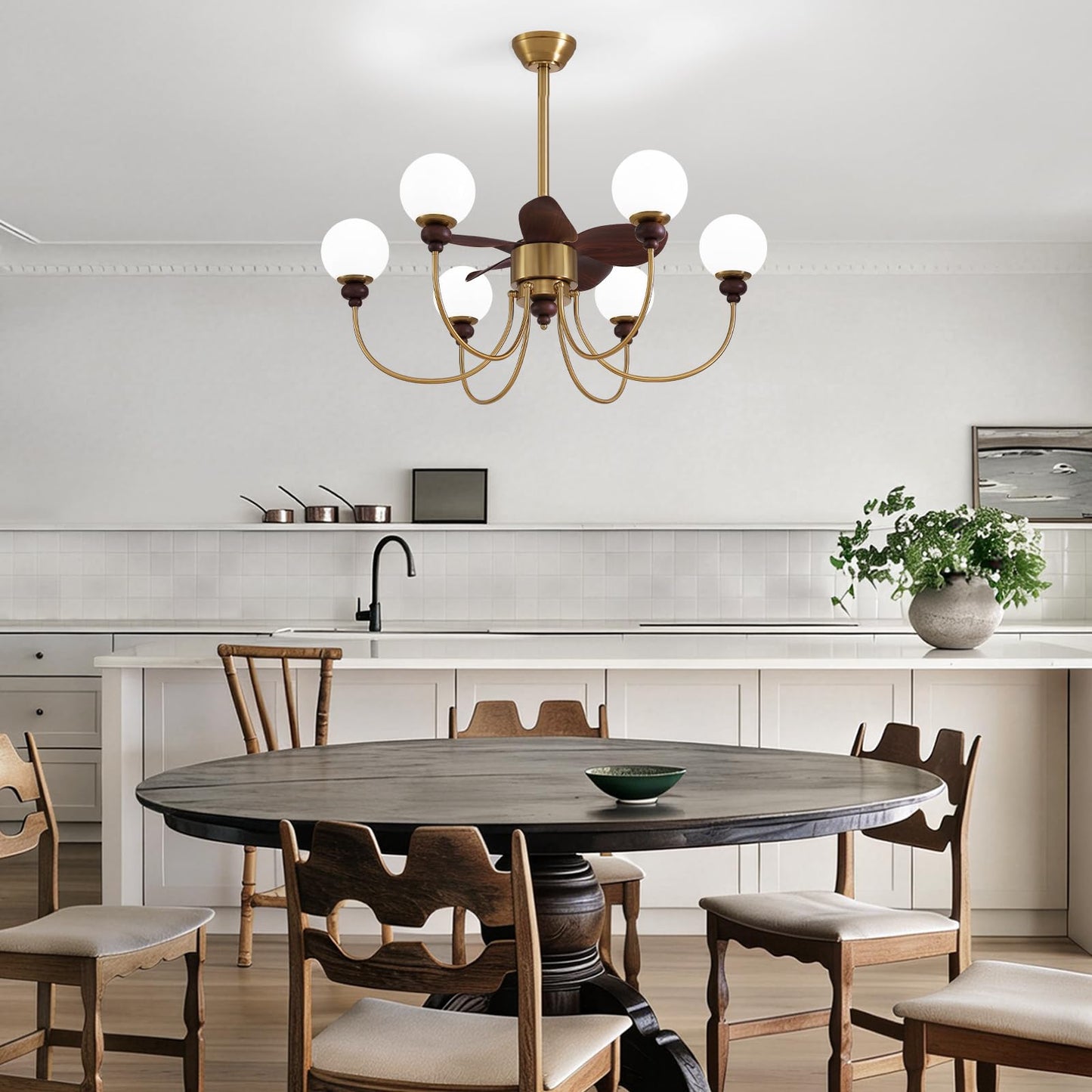 CROSSIO Luxury Mid Century Gold Fandelier 36" Large Ceiling Fans with Lights and Remote Control 6 Speeds 6 Lights Vintage Globe Chandelier Fan for Living Room Dining Room
