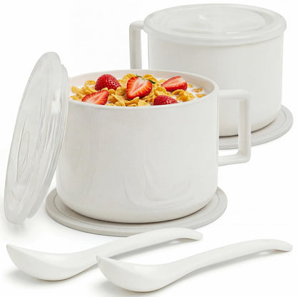 Presva Ceramic Soup Bowls with Handles & Lids, Set of 2 with Spoons & Trivets, 30oz Large Soup Mugs, Oven Safe Bowls for Soup, Ramen, Oatmeal & Cereal, Microwave & Dishwasher Safe, White