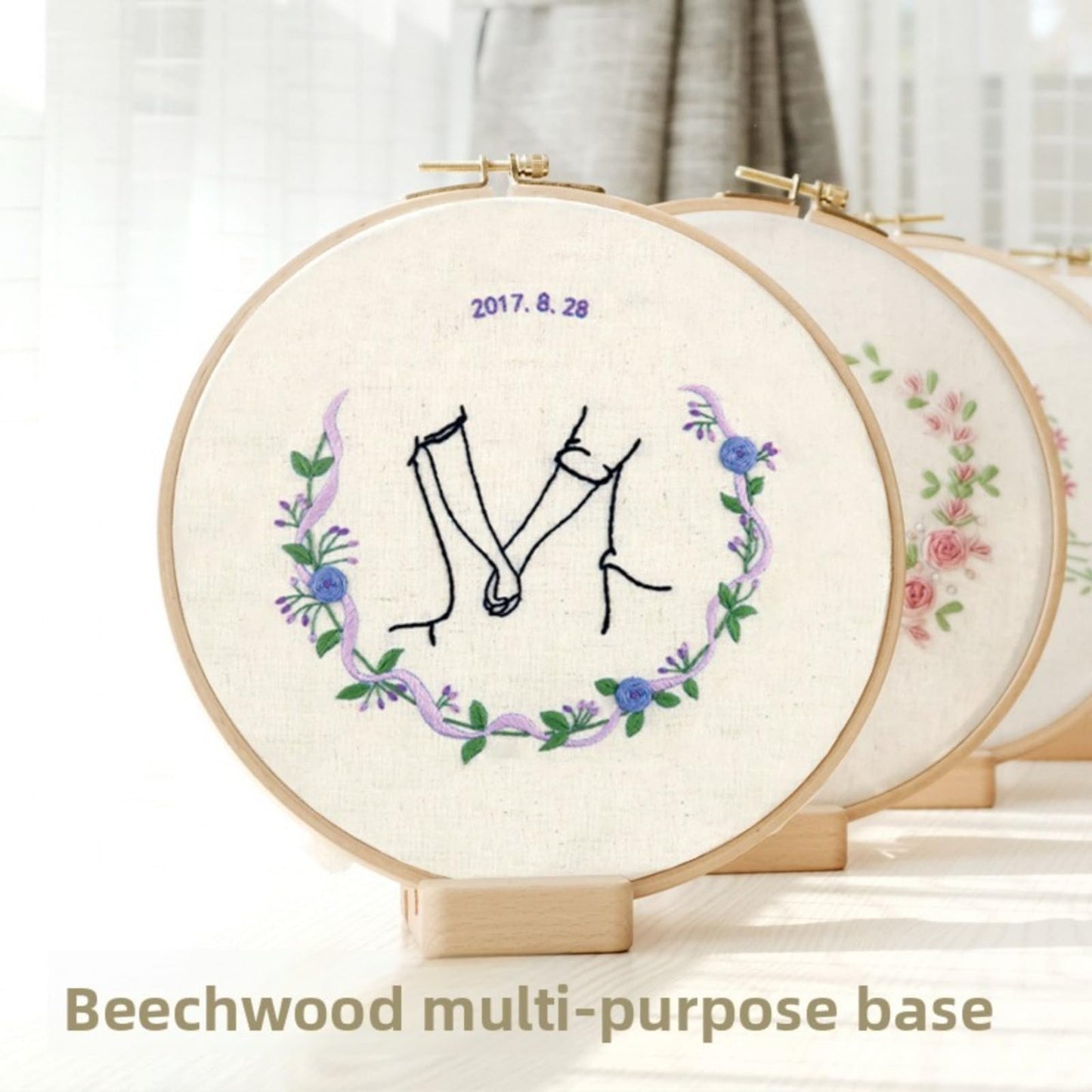 QIZUOLIFE Wooden Embroidery Hoop Stand Display Frame & Phone Holder for 7-10 Inch Hoops (3-Pack) Natural Wood Craftsmanship, 2-Tier Groove Design, Versatile Display and Home Decor