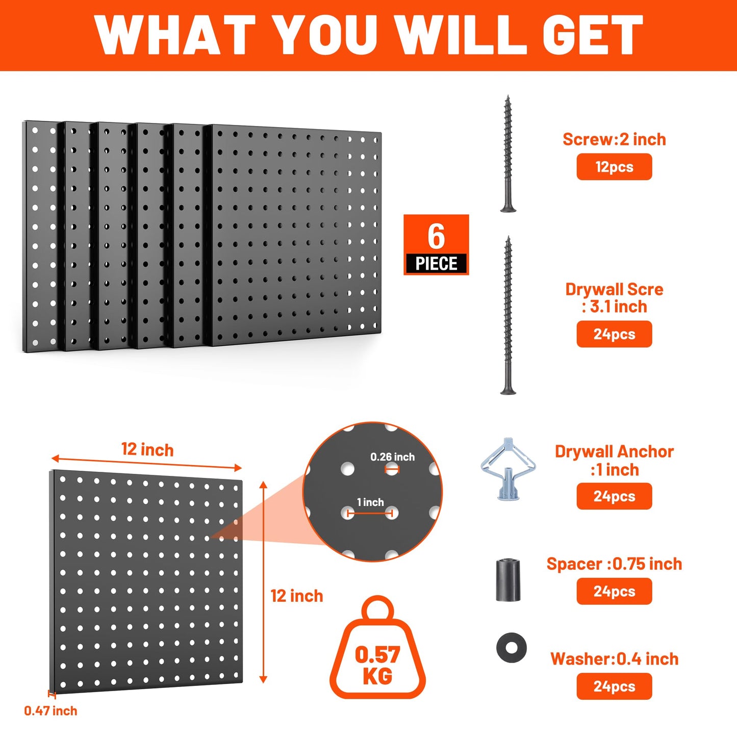 ValueMax 6 Pack Metal Pegboard Panels, 12”x 12” Heavy Duty Metal Pegboard Wall Organizer for Home, Garage, Workbench, Kitchen, Craft Room Tool Storage, Black Modular Peg Board Organizer Board
