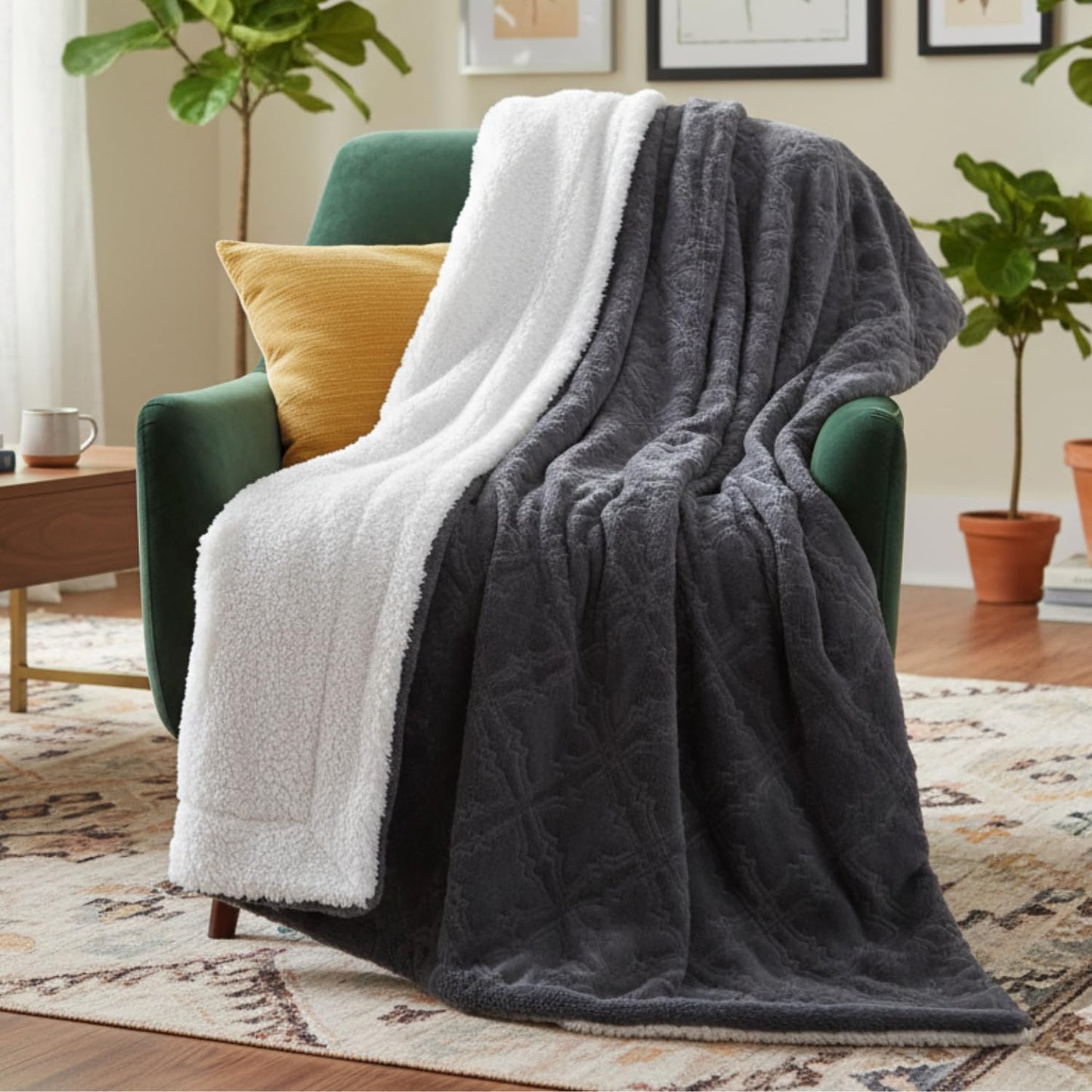Tache Faux Fur Throw Blanket Dark Slate Navy Blue Diamond Trellis Pattern Super Soft Warm Fluffy Fuzzy Small Decorative Couch Lap White Sherpa Back Throw Blanket, 50x60