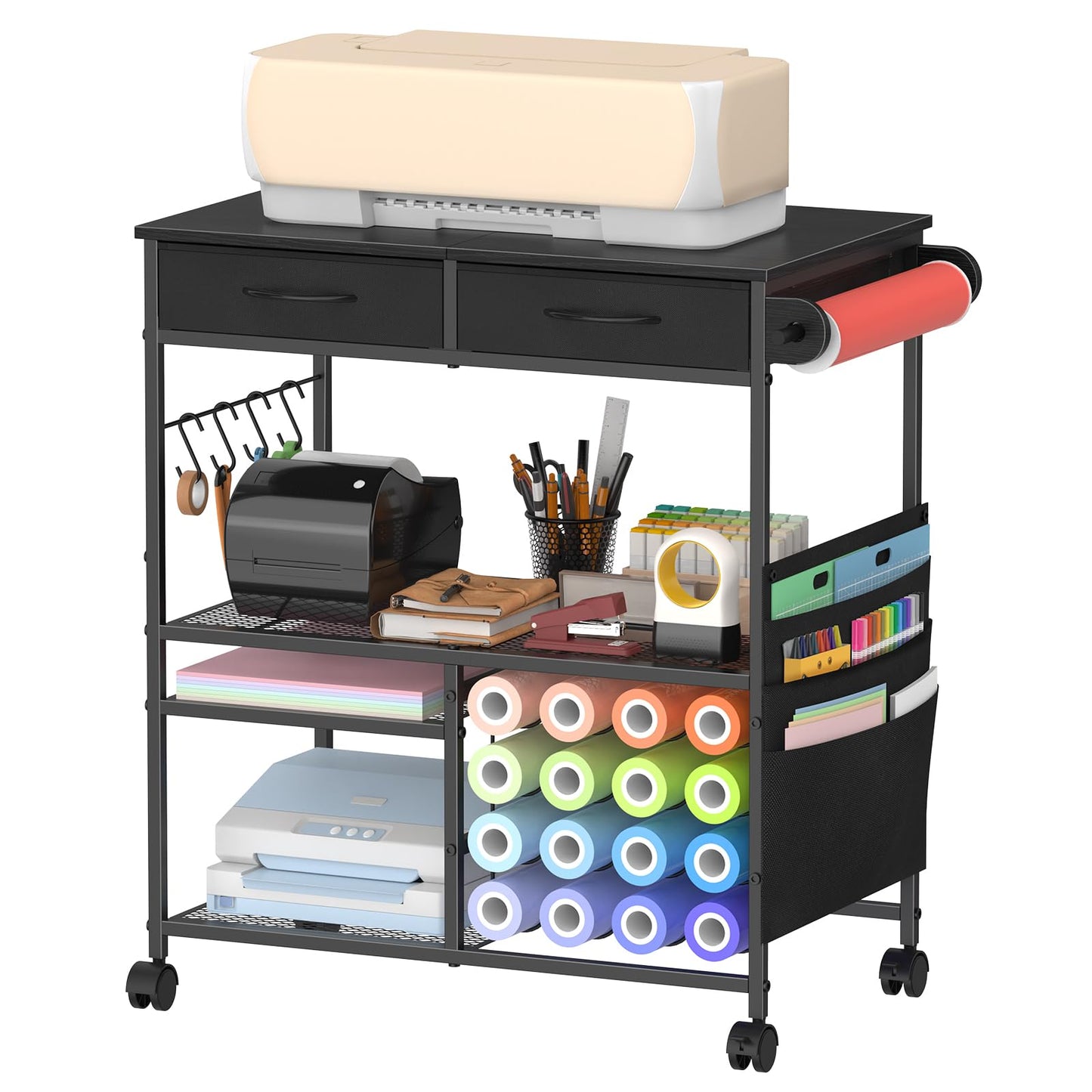 VEOSIR Craft Cart with Vinyl Roll Holder, Organizer & Storage Table for Cricut Machine with Drawer,Mobile Craft Organization and Storage Cart,Crafting Table Accessories Holder for Craft Room Black