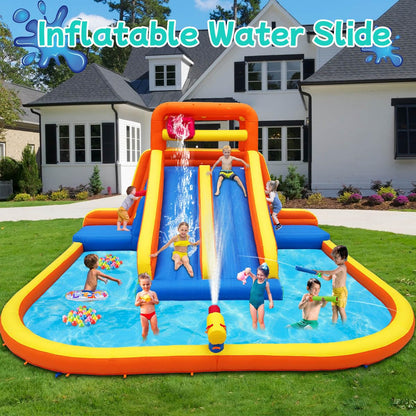 HuaKastro 15.6x15FT Giant Water Slide for Big Kids 5-12, Inflatable Water Park with Big Splash Pool, Dual Tall Slides & 2 Climb Walls for Racing Fun, W/Surprise Water Dump Bucket, Hide&Seek Cave