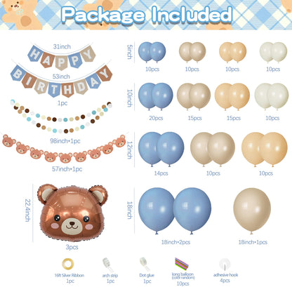 Ereniko Bear Birthday Balloon Arch Kit for Baby Boy Blue Khaki and Brown Balloons Decorations Set Happy Birthday Banner Bear Theme Decor