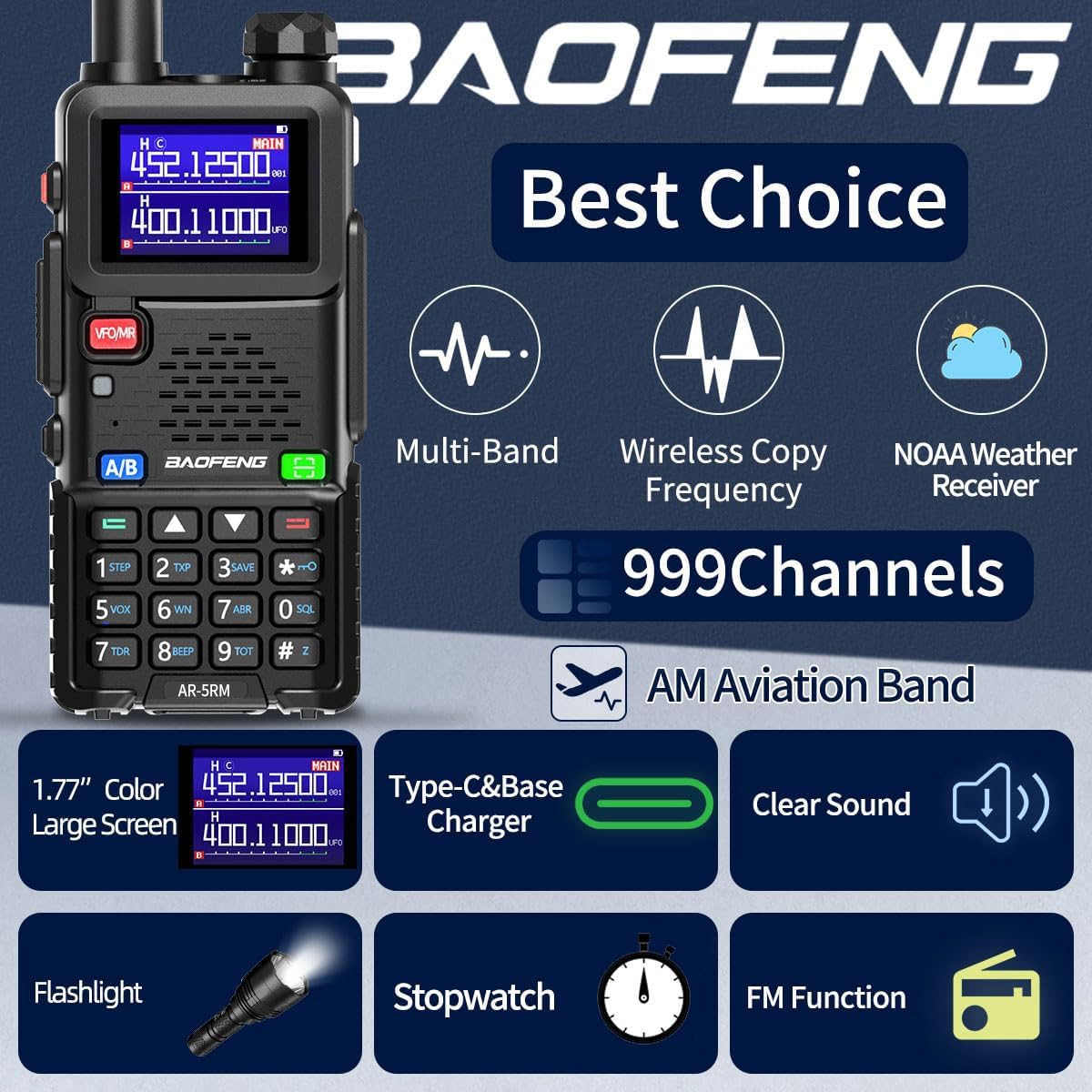 Baofeng Radio Ham Radio Long Range AR-5RM 10W Handheld NOAA Emergency Weather Radio 999CH Rechargeable Walkie Talkies with Programming Cable,USB-C Charging for Survival Gear Hunting Camping,2 Pack