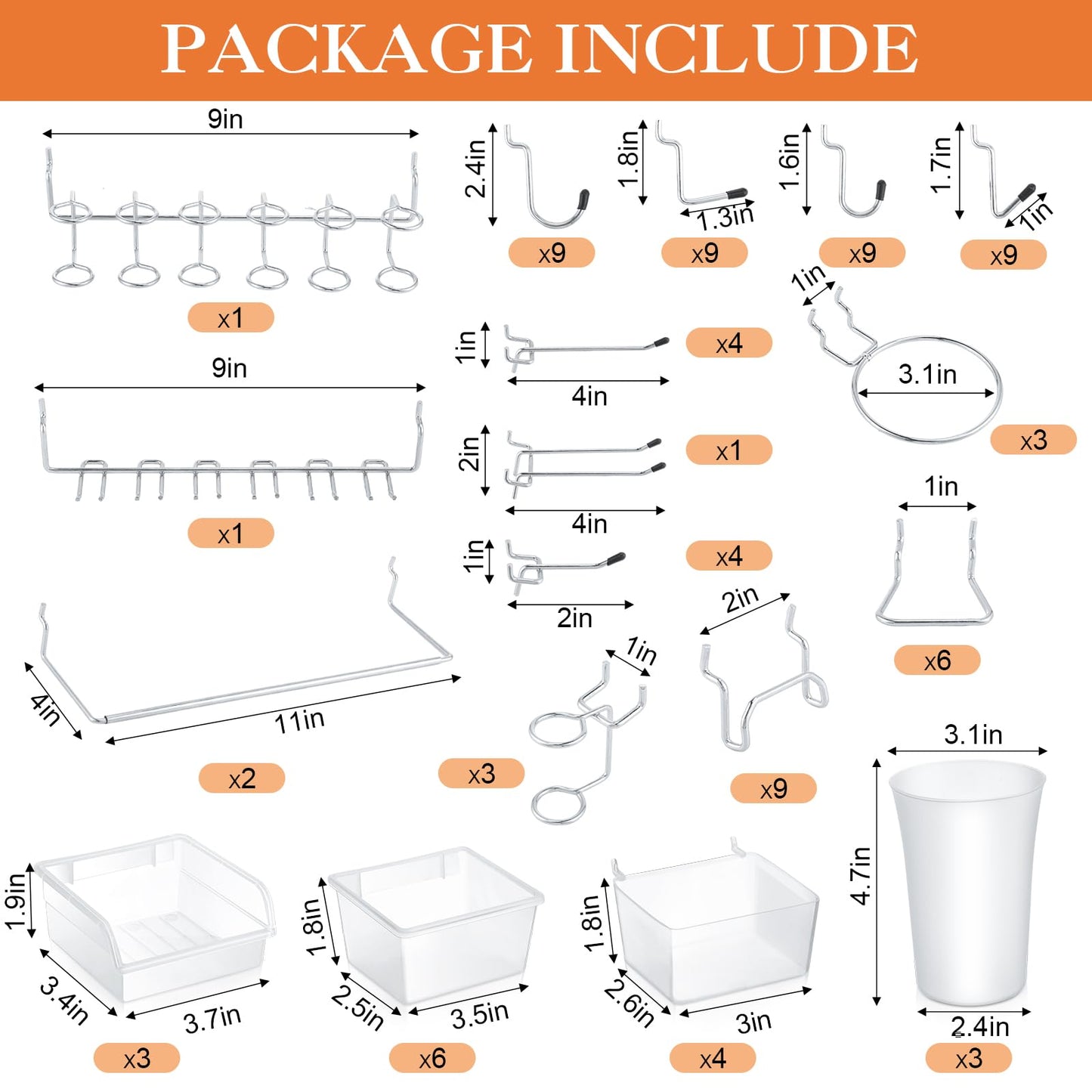 Zubebe 106 Pcs Pegboard Hooks Assortment with Bins, Pegboard Accessories Organizer Kit Include Bins with Hooks and Loops Paper Towel Craft Holder for Hanging Tool(Silver, Clear)