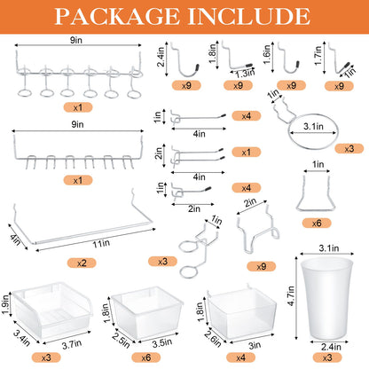 Zubebe 106 Pcs Pegboard Hooks Assortment with Bins, Pegboard Accessories Organizer Kit Include Bins with Hooks and Loops Paper Towel Craft Holder for Hanging Tool(Silver, Clear)