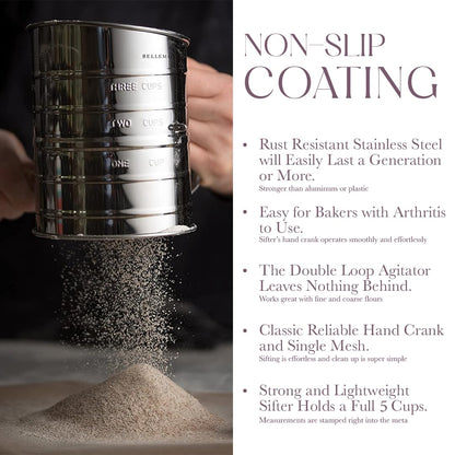 Bellemain 5 Cup Flour Sifter for Baking Fine Mesh Rotary Hand Crank with Loop Agitator for Quick Sifting, Flour Sifter Stainlees Steel