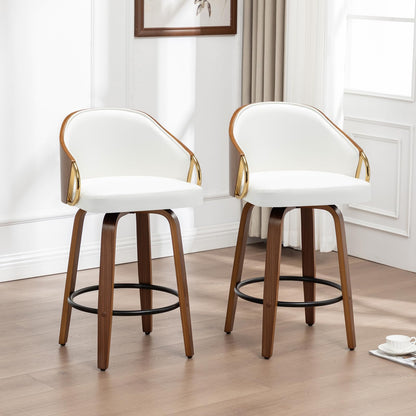 YOUUGIOR 30" Swivel Bar Height Bar Stools Set of 2,White Leather Tall Barstools Mid Century Modern Bar Chairs with Wood Legs and Golden Arms for Kitchen Dining Pub Cafe