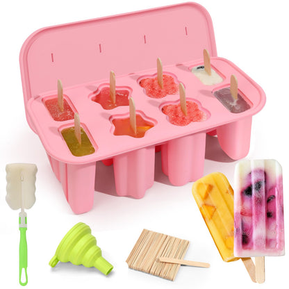 Firstfooby Popsicles Molds, 8-Cavity Silicone Popsicle Molds with 50 Sticks, BPA-Free Ice Pop Mold Popsicle Maker with Funnel & Cleaning Brush for Kids Adult Teens