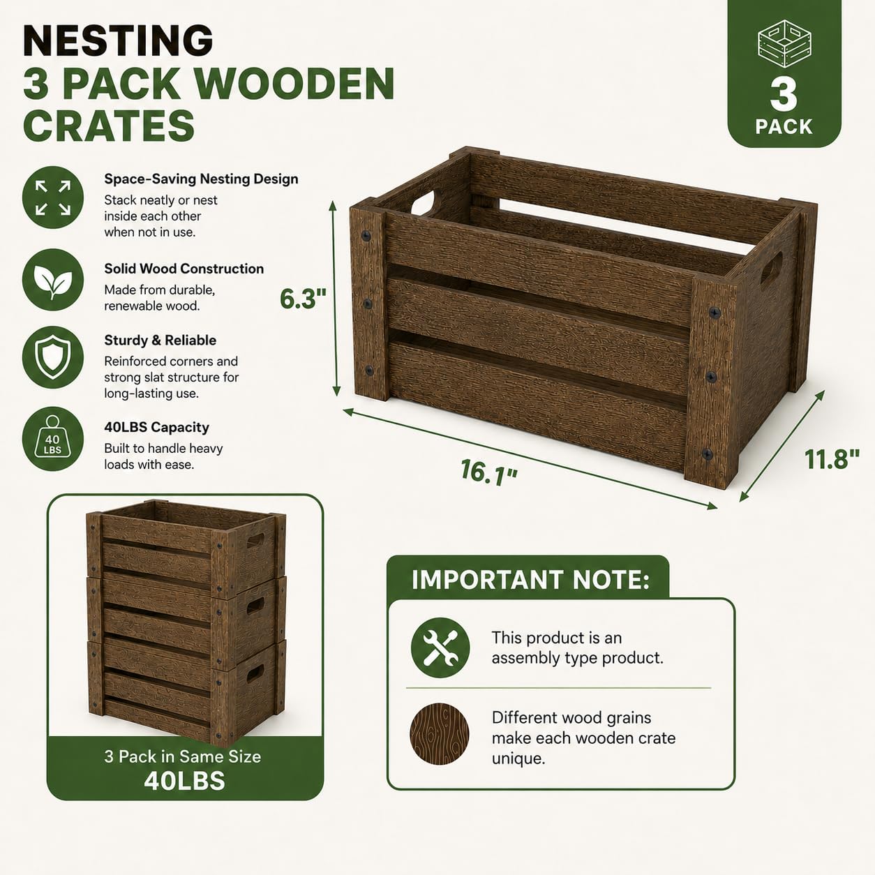 Wooden Crates for Display, 3 Pack Large Rustic Handmade Wood Crate for Storage, Wooden Basket with Handles, Nesting Crates Boxes for Container and Decor Living Room Outdoor Christmas (Extra Large)