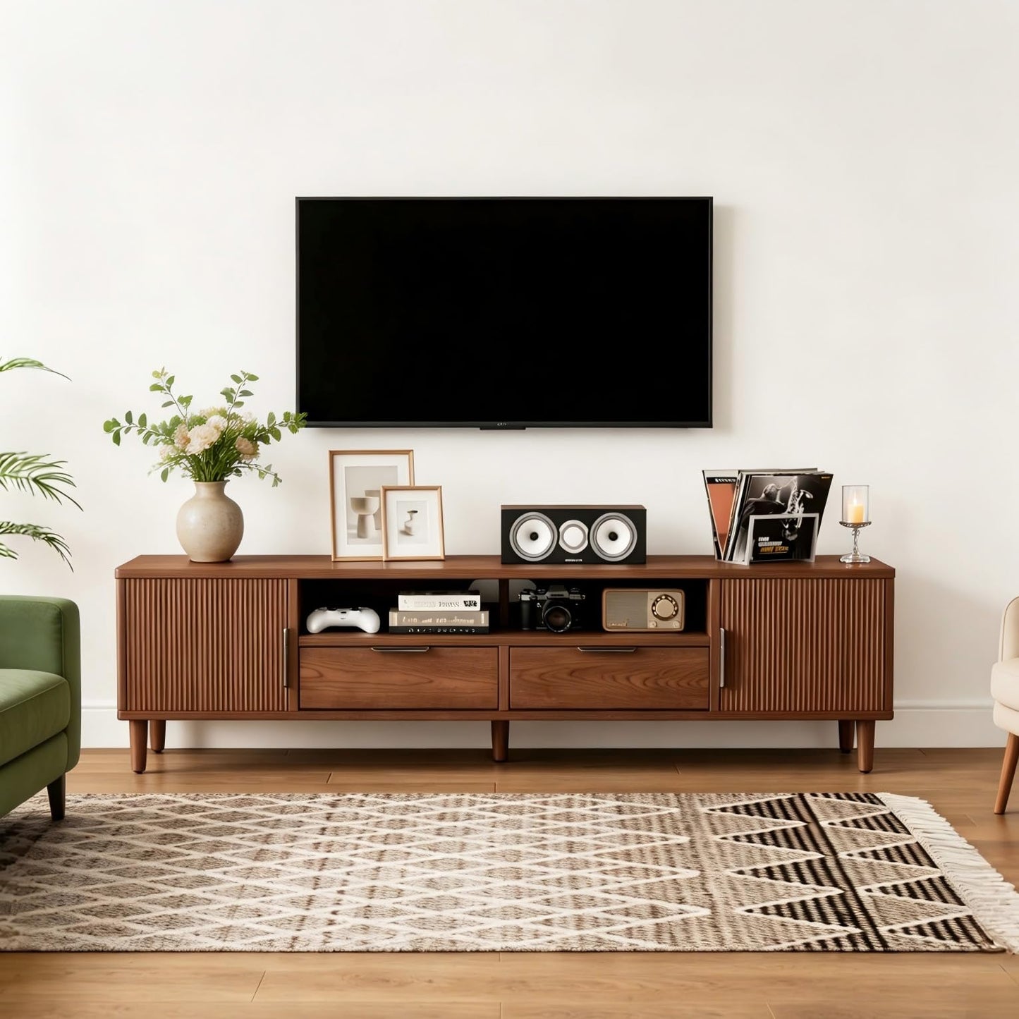 CycleCrew Mid Century Modern TV Stand for TVs Up to 70 in- Wooden Fluted Entertainment Center Low Profile TV Console with 2 Cabinet, Drawers and Shelf, Media Console for Living Room
