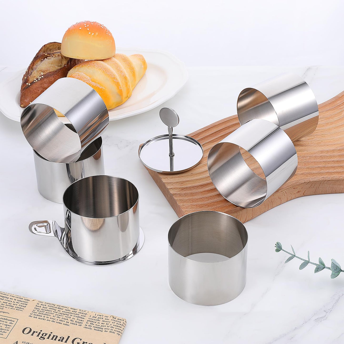 6 Pack Round Cake Ring Molds, Seamless Round Stainless Steel Cake Ring, Mousse Rings 3 Inch Pastry Cutter 3" Crumpet Rings, Stainless Steel Dessert Cooking Molds with Presser & Lifter for Baking