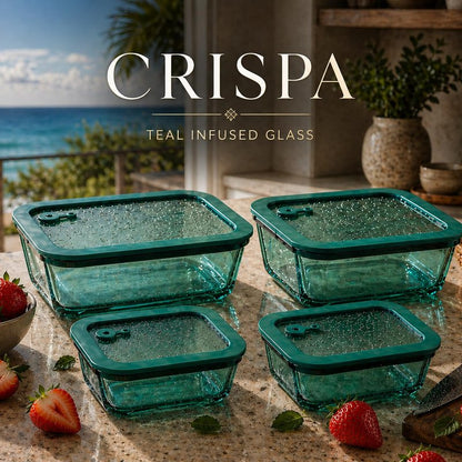 Crispa 8-Piece Teal Glass Food Storage Containers with Silicone Framed Glass Lids – 100% Plastic-Free Lunch Box Meal Prep Set (2x 40oz, 2x 20oz) – Leakproof Airtight Borosilicate for Freezer to Oven