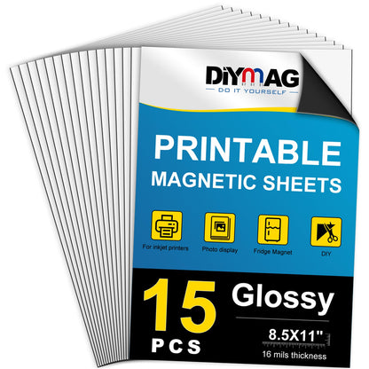 DIYMAG Printable Magnetic Sheets, Flexible Magnet Sheets Glossy Non Adhesive Magnetic Paper for Inkjet Printer Photo DIY Crafts 8.5 x 11 Inch 15Pcs