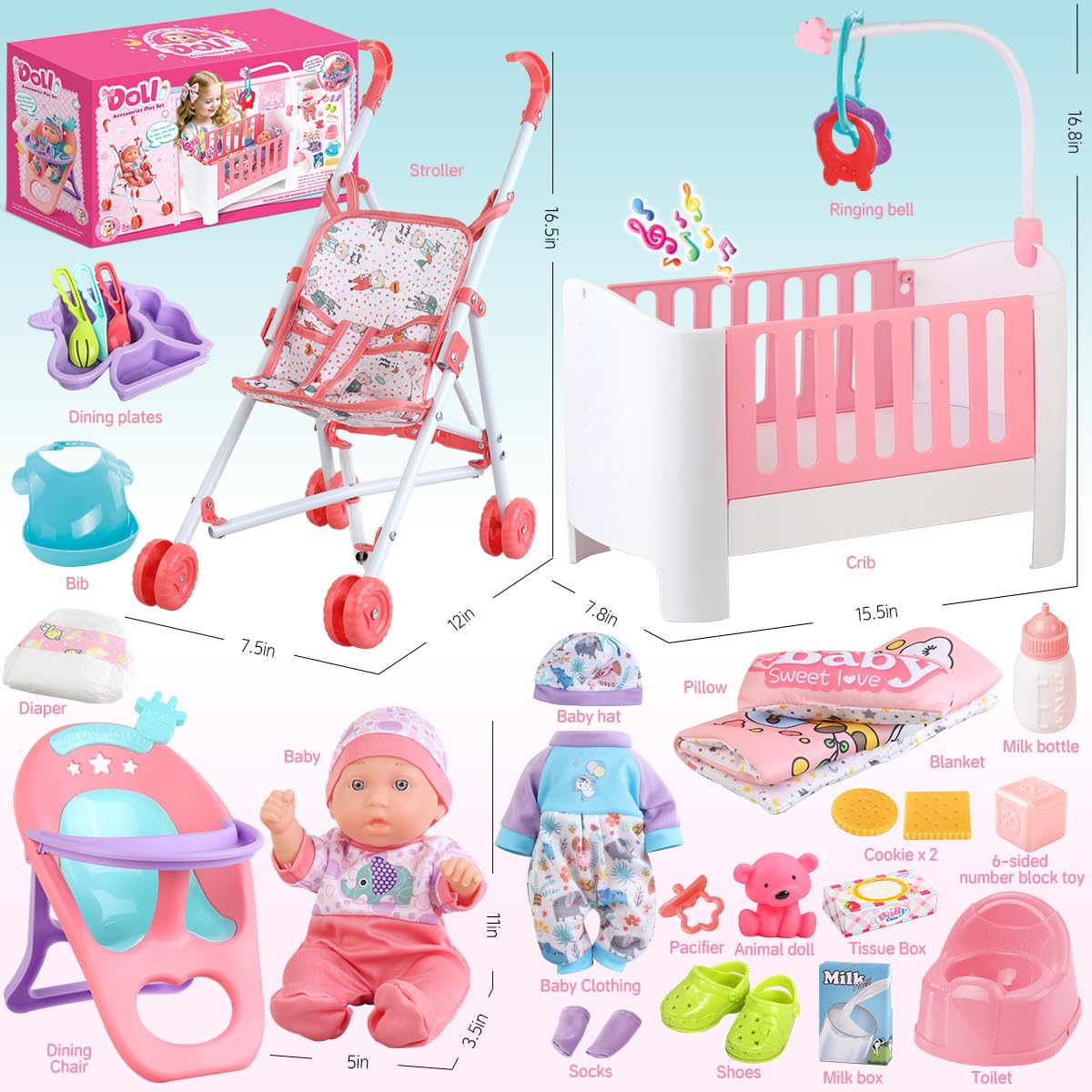Baby Doll Crib and Stroller Accessories Play Set with 11" Baby Doll,Dining Chair,24 PCS Dolls Accessories and 2 Sets Clothes,Realistic Pretend Play for Girls Kids 3-5 4-6 5-7 Year Gifts