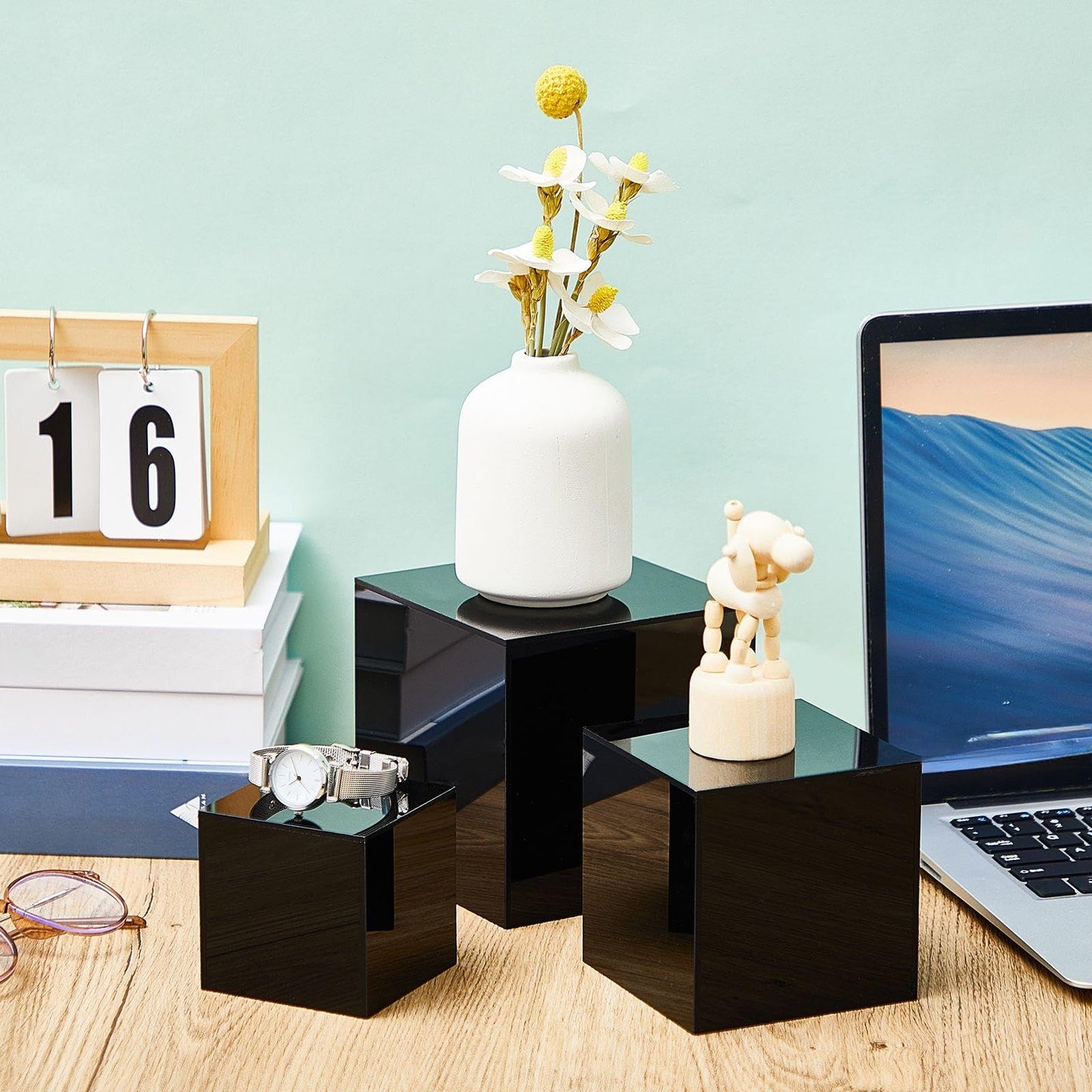 Geetery Set of 5 Display Buffet Risers Acrylic Cube with Hollow Bottoms Acrylic Boxes for Display Dessert Table Stands for Catering Collectibles Jewelry Decor(3,4,5,6,7 Inch,Black)