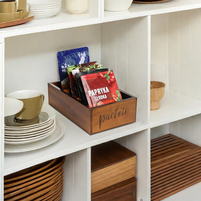 LBEMEY Packet Organizer, Acacia Wood Packet Storage Organizer with 3 Compartments,Farmhouse Kitchen Organization for Spice, Gravy, Taco, and Dressings Packets for Kitchen, Brown Labeled Packets