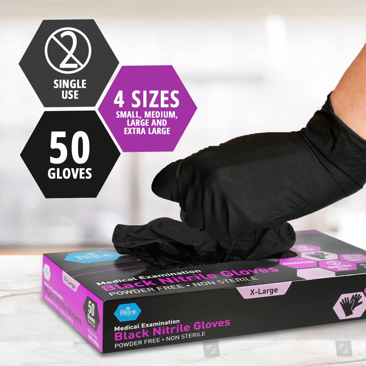 MED PRIDE Small Black Nitrile Exam Gloves 4 Mil Thick, Disposable Latex-Free Powder-Free Hospital Barber, Pack of 50